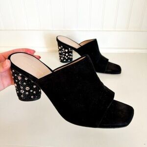 Stuart Weitzman Suede Crystal Embellished Block Heel Mule Sandals Black sz 8.5